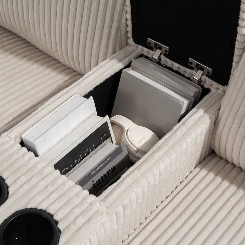 129.14" Corduroy 6-Piece Modular Sectional Sofa with Storage Ottoman, USB Charging and Cup Holders