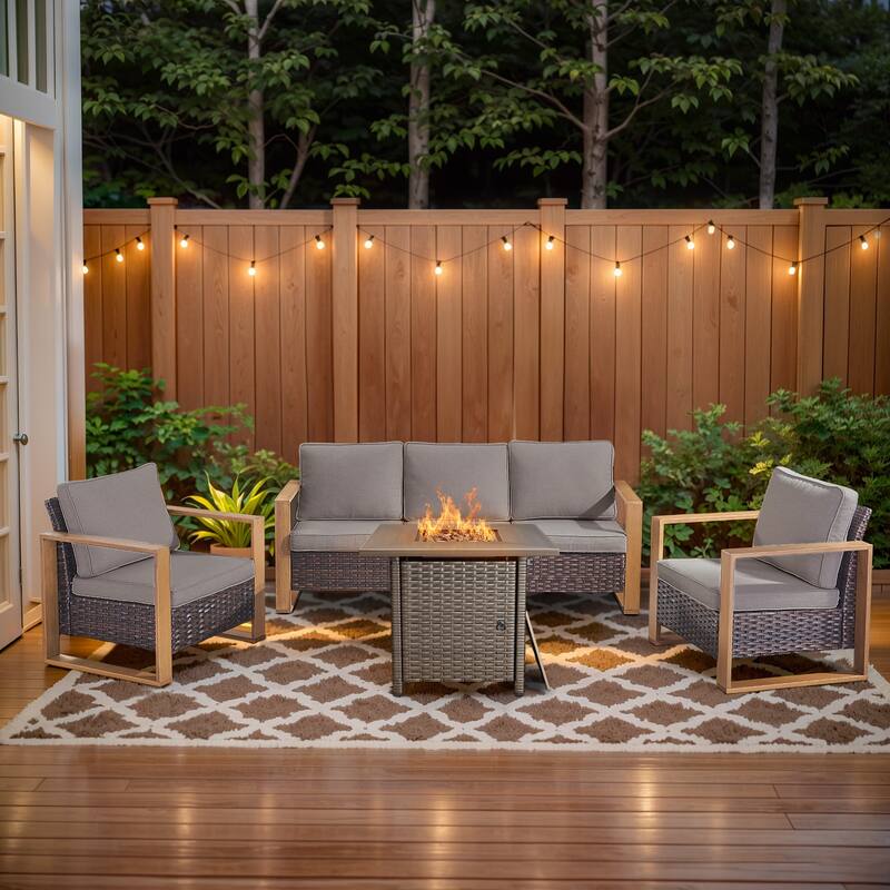 Pocassy 4/6/8PCS Sofa Swivel Chair with Fire Pit Table Set - Brown Wicker Gray Cushion - 4-Piece Sofa Patio Chair with Fire Table