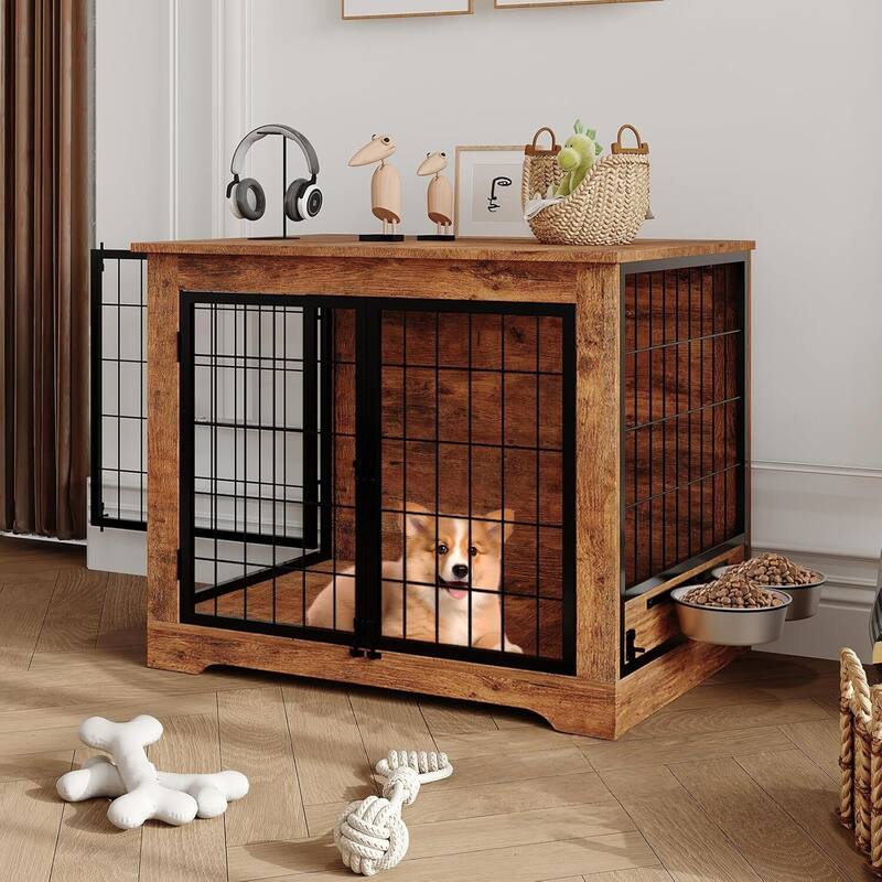 31.7" Anti-Chew Dog Crate Furniture with Feeder for Small Medium Dogs - Brown
