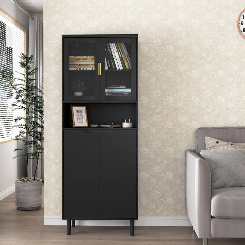 Tall Storage Show Cabinet with 2 Glass Display Door & 2 Doors, Modern Cabinet Freestanding for Bathroom, Dining Living Room