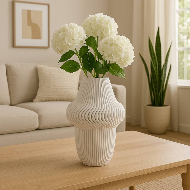 Porcelain Ribbed 3D Printed Vase - Ivory/Beige
