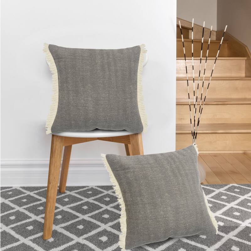 20" Charcoal Gray Solid Fringed Square Throw Pillow