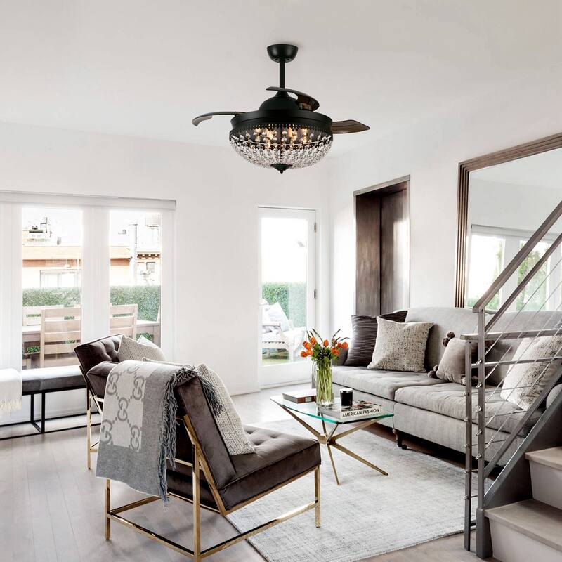 42" Modern Chrome 6-light Chandelier Crystal Ceiling Fan with Remote