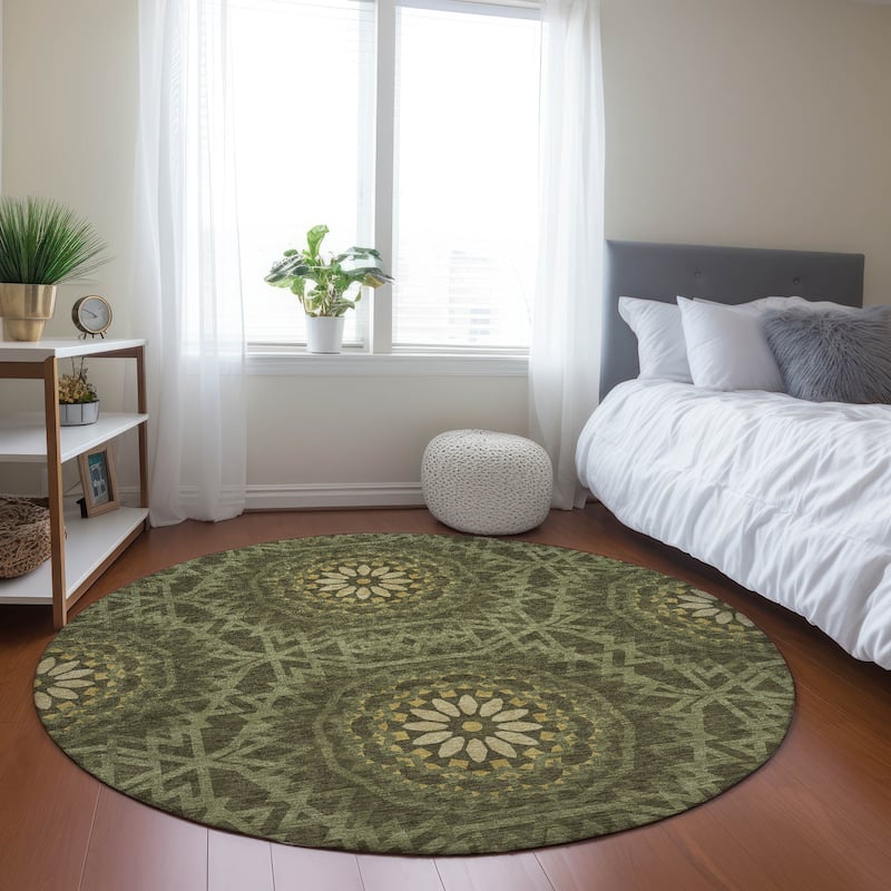 Machine Washable Indoor/ Outdoor Chantille Boho Global Rug - Olive - 8' x 8'