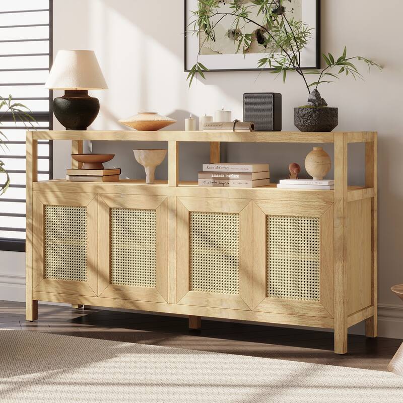 Rattan Buffet Storage Cabinet with Solid Wood Frame