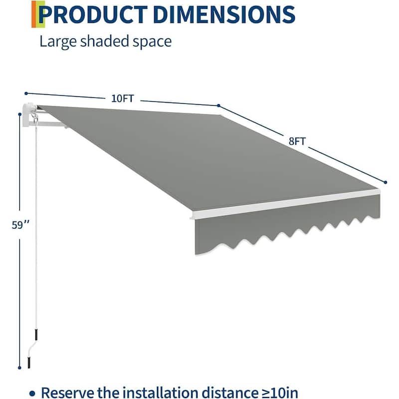 10'x8' Retractable Waterproof Patio Awning, Sun Shade Awning with Manual Crank Handle - N/A