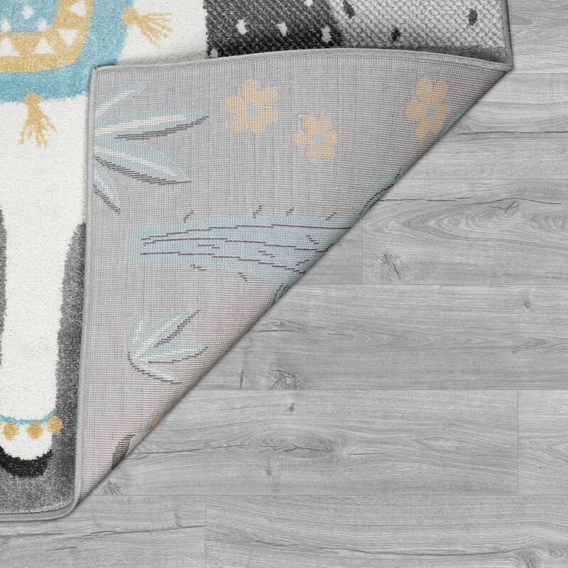 Kids Rug for Nursery with Llama and Mountains in Grey Blue Cream