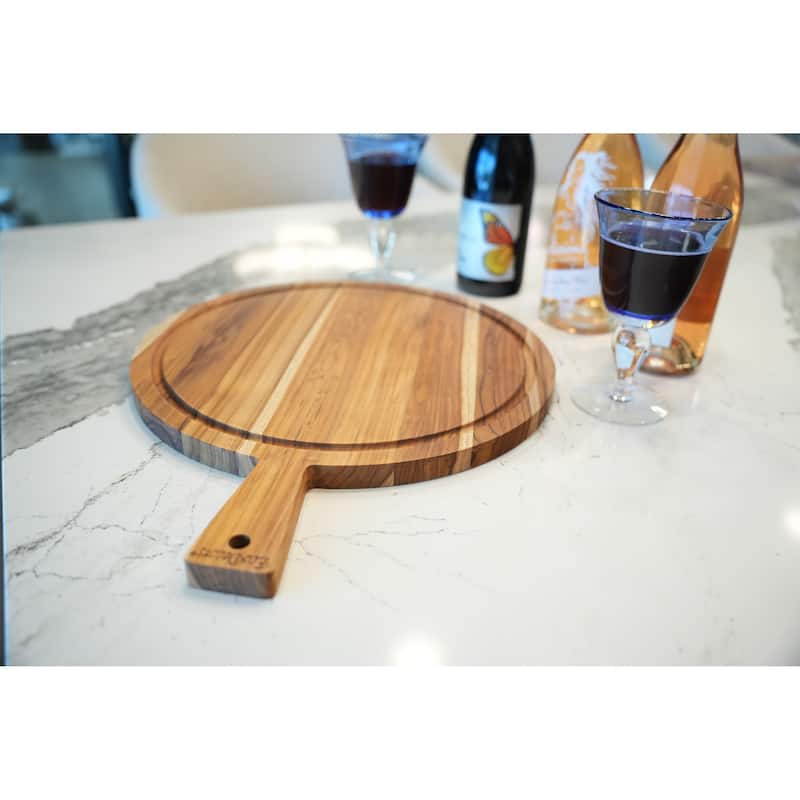 EcoDecors 18" Round Teak Cutting Board with Handle, 100% FSC Certified Solid Wood, Carving Board for Kitchen, Edge Grain