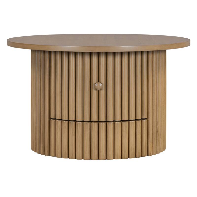 Round Coffee Table for Living Room in Natural, Farmhouse Coffee Table with a Drawer, Center Table with Vertical Slat Ba