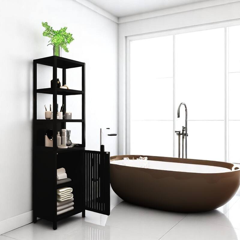 Slim Black Bathroom Storage Cabinet with Door and 3 Tiers, Natural Bamboo Freestanding Linen Tower Organizer