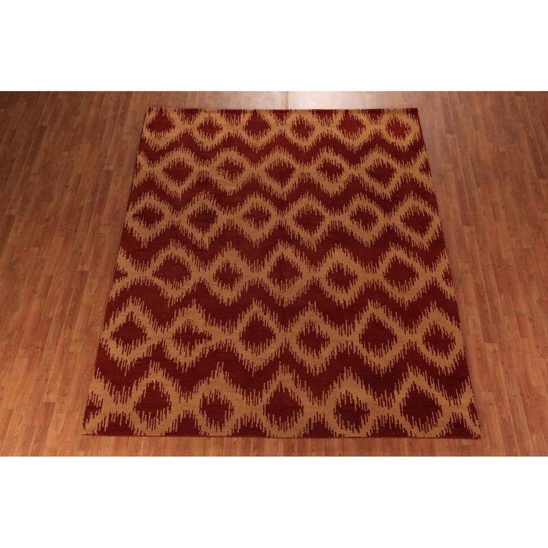 Hand Knotted Oriental 100% Wool Carpet Modern Geometric Red Moroccan Area Rug - 9' 7'' X 7' 11''