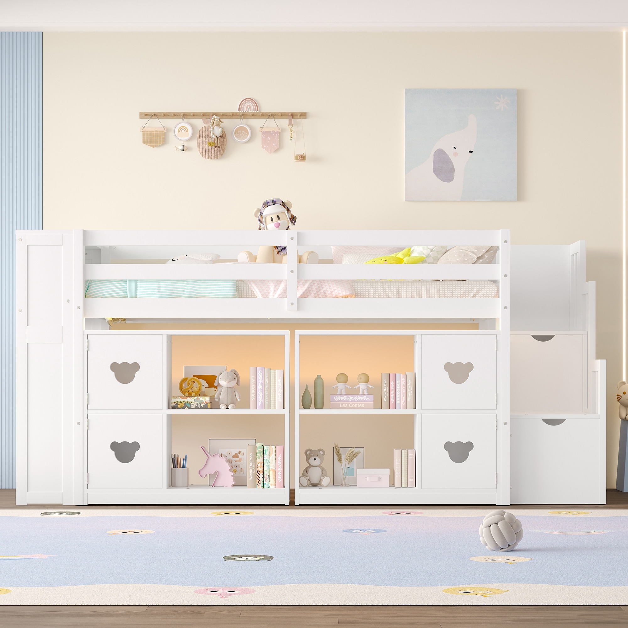 Wood Loft Bed with Storage Headboard and Light
