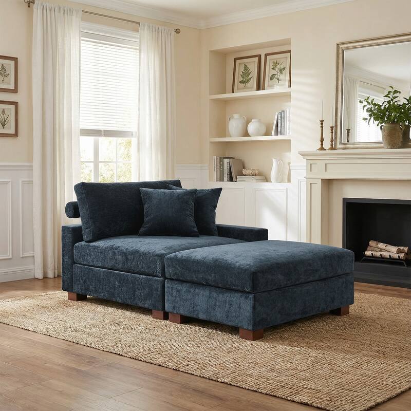Plush Chenille Single Modular Sectional Sofa Chaise with Pillows - Blue-Sofa+OT R - Right Facing