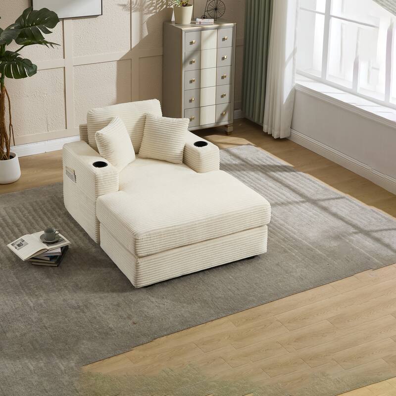 Corduroy Upholstered Chaise Lounge Sofa,Magazine bag,Detachable Cushions Deep Seat for Living Room Office
