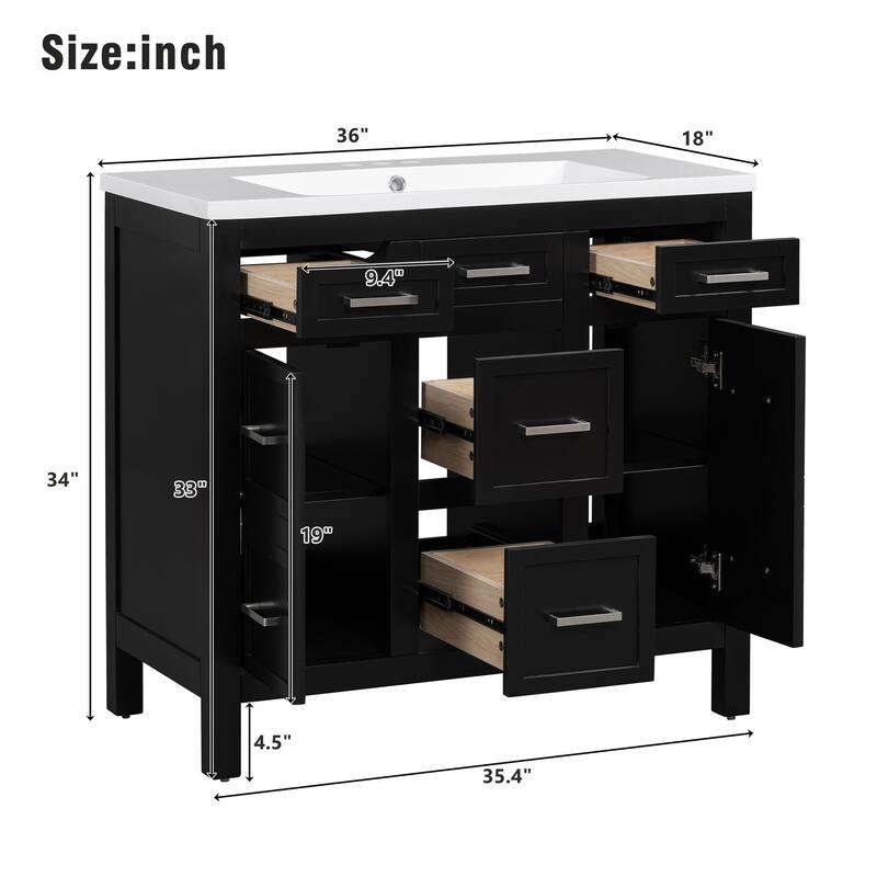 36 Inch Bathroom Vanity Cabinet with Resin Sink 4 Drawers 2 Doors