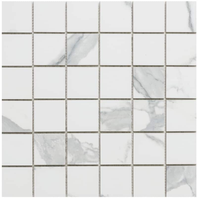 Porto 2x2 Matte Marble Look Porcelain Grid Mosaic Tile - Floor, Wall, Backsplash - 4 x 4 Sample - Calacatta