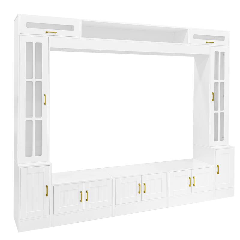 80 inch TV Stand, 8.4 ft Wall Unit Entertainment Center with Bookshelves & Glass Door Cabinets