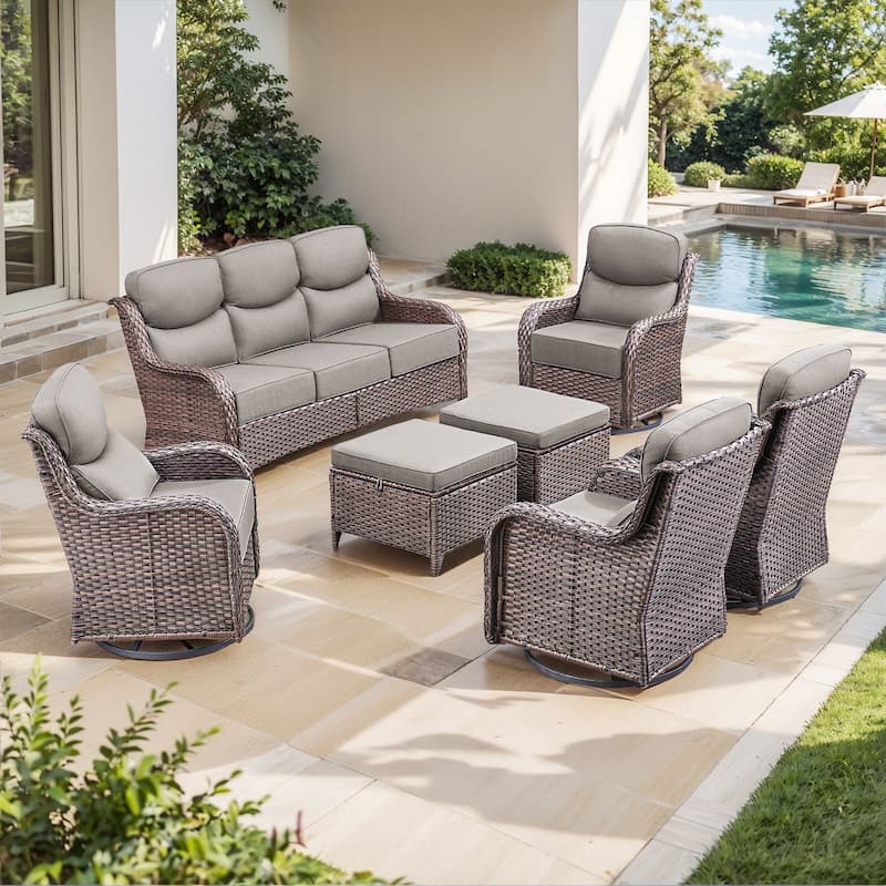 Outdoor Sofa with 6-Inch Thick Cushions Furniture for Porch - Brwon Wicker Grey Cushion - 7PCS Sofa Swivel Chair w/ Ottoman