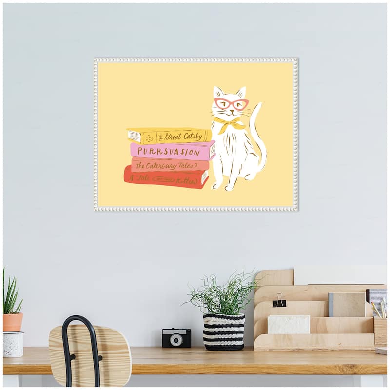 Kate and Laurel Book Lover Cat 4 by Krissy Mast Framed Canvas Wall Art Print