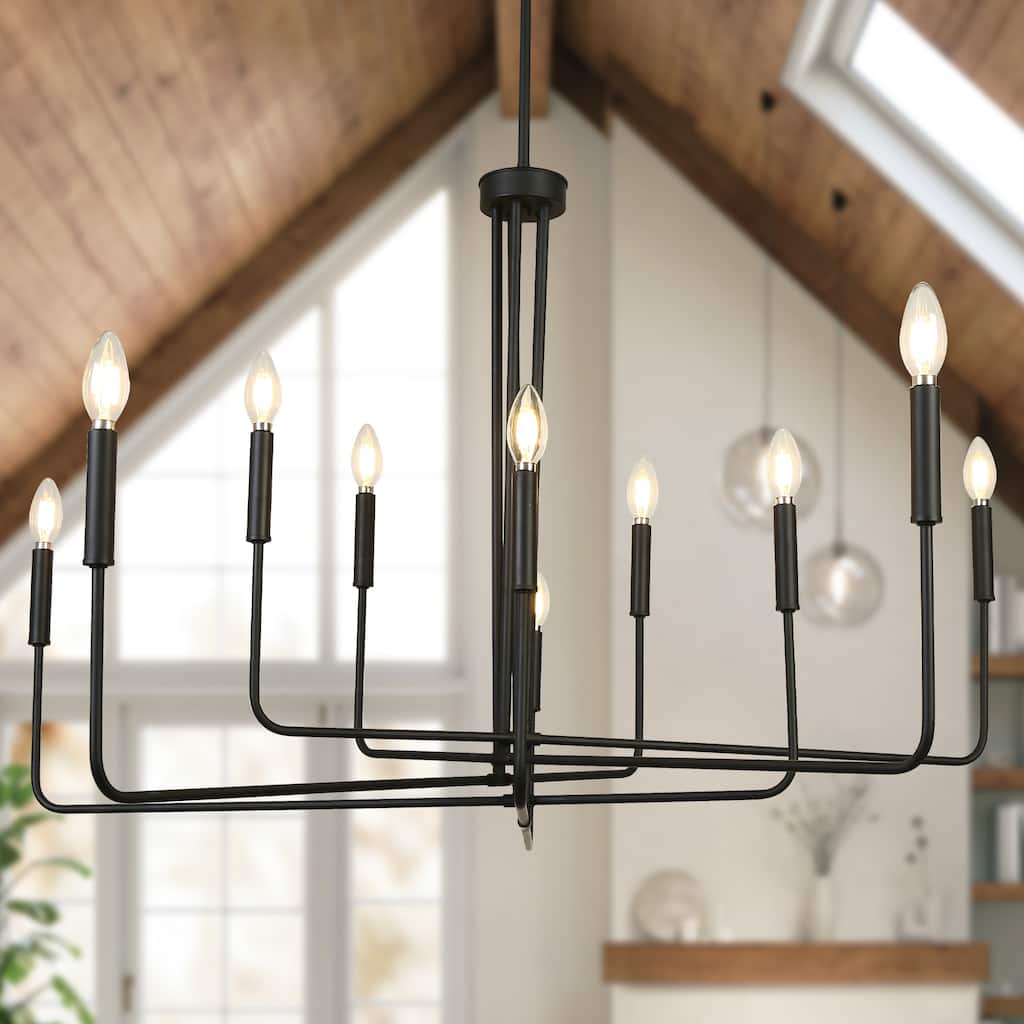 Modern Farmhouse Black 10-Light Candle Chandelier for Dining Living Room - D 43.3" x H 26.8"