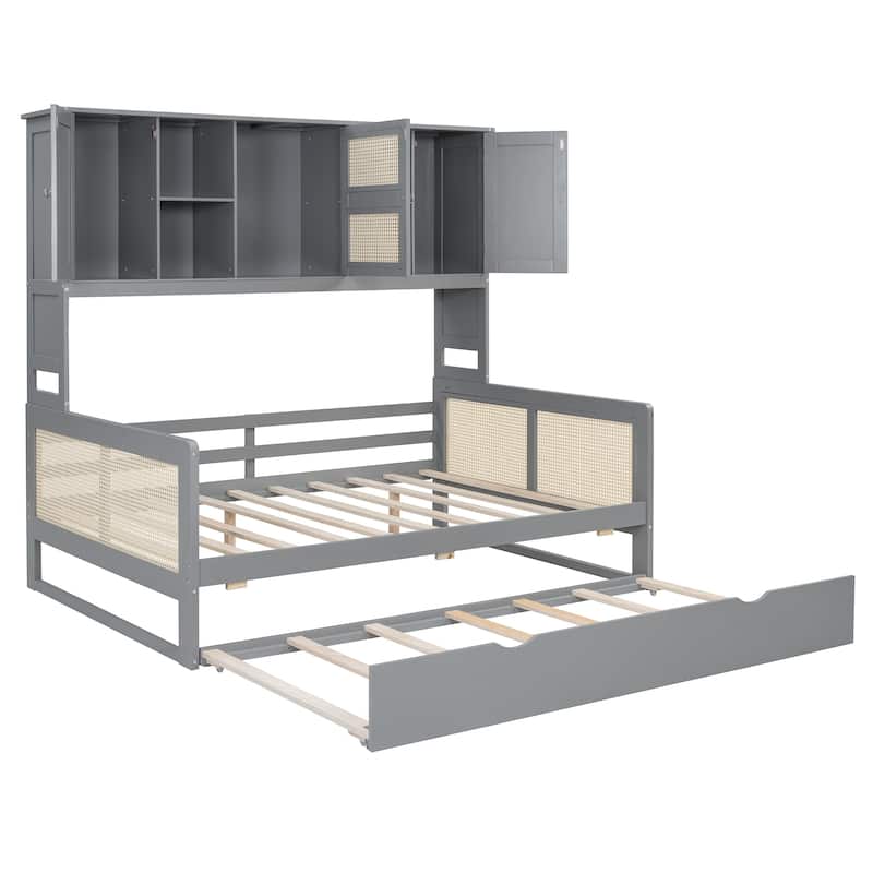 Full Size Wooden Daybed With Twin Size Trundle, and All-in-One Cabinet and Shelf