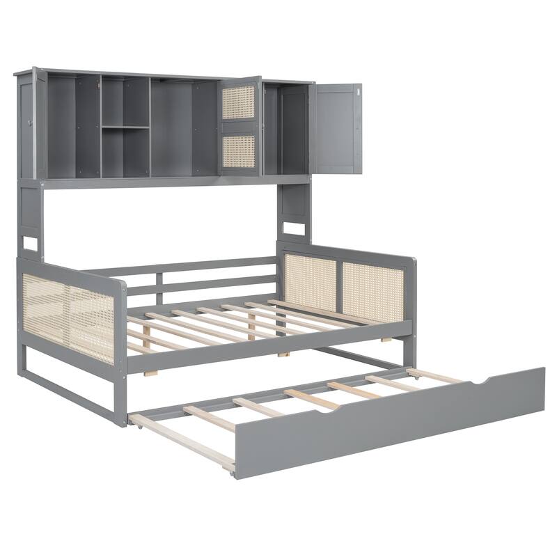 Wood Full Size Daybed with Built-In Storage Cabinet, Shelves & Twin Trundle, Rattan Accent, No Box Spring Needed