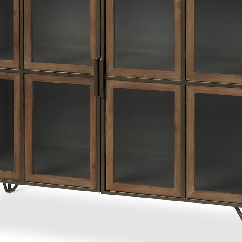 HomeRoots 37" Antiqued Brass and Brown Metal and Solid Wood Accent Cabinet With Two Doors
