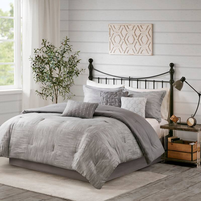 GDF Studio - Walter Printed Seersucker 7-Piece Comforter Set with Decorative Pillows - Grey