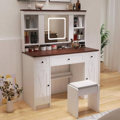 Vanity Desk Set with Sponge Soft Stool, Vanity Table with LED Sliding Mirro and Lights, Makeup Table with Drawers and Cabinets
