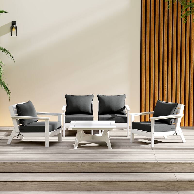 Birchwood All Weather HDPE Outdoor Patio White Deep Seating Conversation Set (5-Piece Set) - White/Gray