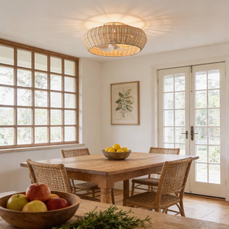 20-inch Boho Distressed White Chandelier Flush Mount Ceiling Fan with Remote and Hand-Woven Rattan Shade - 19.7" W x 7.08" H