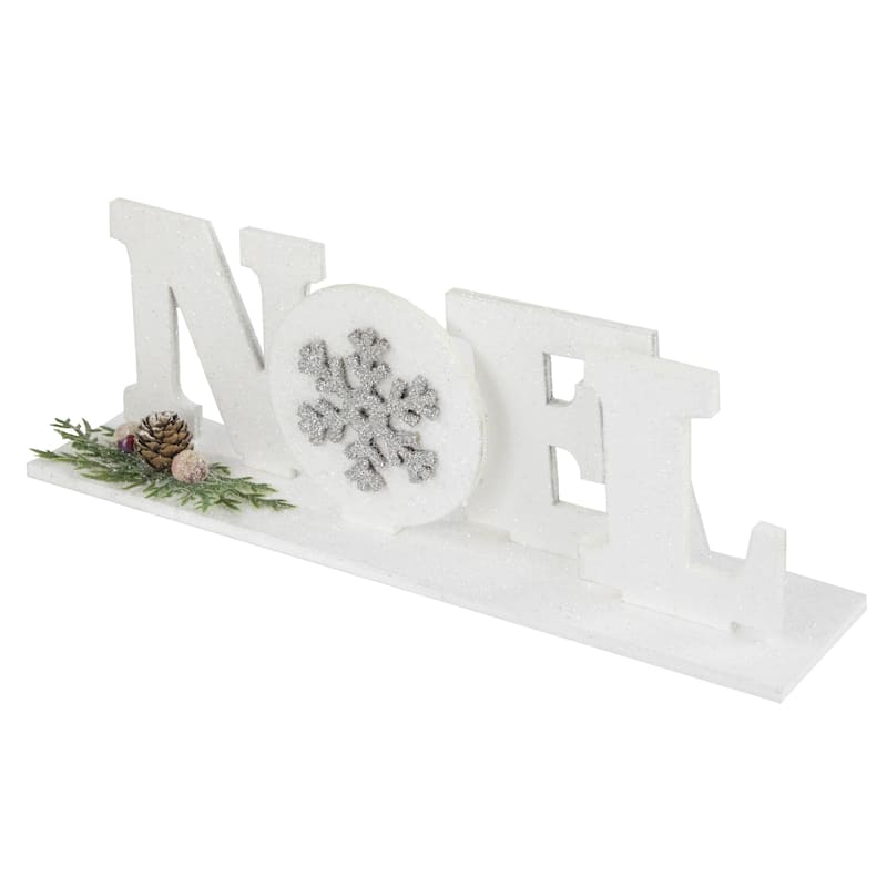 10.25" White and Silver Noel and Snowflake Christmas Sign with Holly