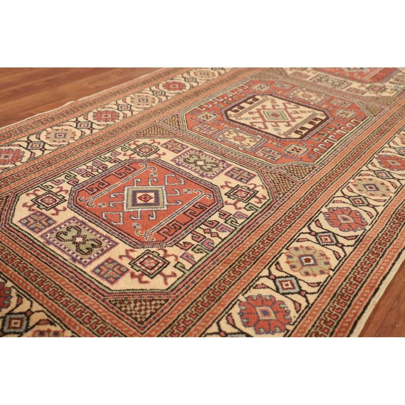 Geometric Anatolian Vintage Runner Rug Hand-Knotted Wool Carpet - 3'1" X 9'10"