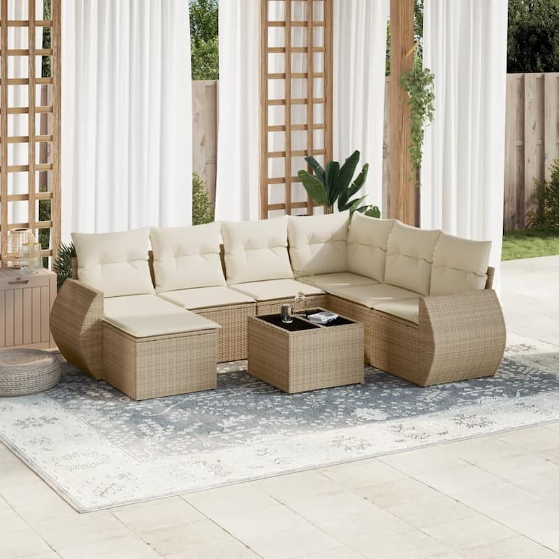 vidaXL Patio Sofa Set with Cushions Outdoor Conversation Furniture Poly Rattan - Beige and cream with table - 21.7 x 21.7 x 14.6