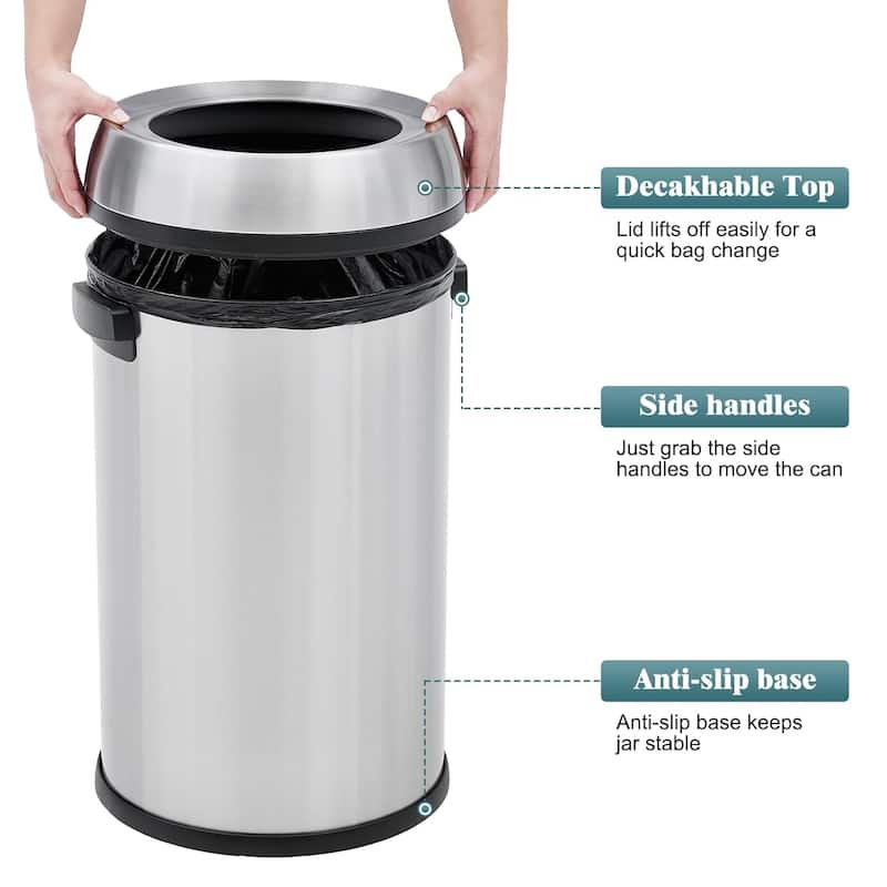 65L/17Gal Open Top Trash Can, Heavy Duty Stainless Steel Rubbish Bin