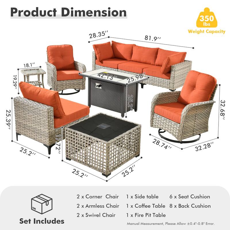 HOOOWOOO 9-piece Wicker Outdoor Furniture Patio Sofa Swivel Chair Set with Fire Pit Table