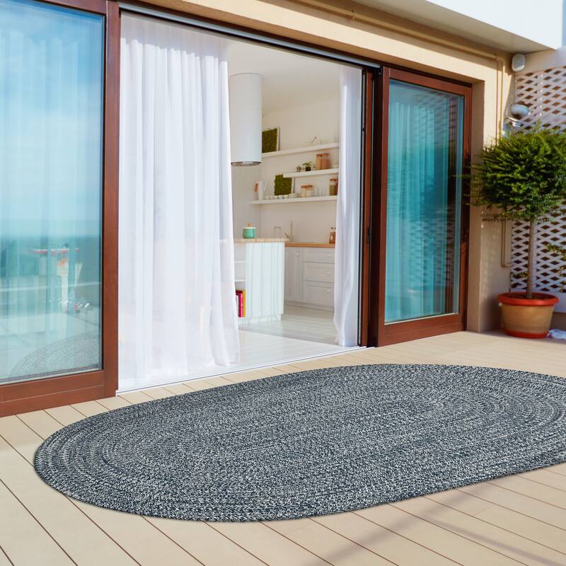 Superior Modern Rustic Bohemian Reversible Multi-Tone Braided Indoor Outdoor Area Rug - 6' x 9' Oval - Denim Blue-White