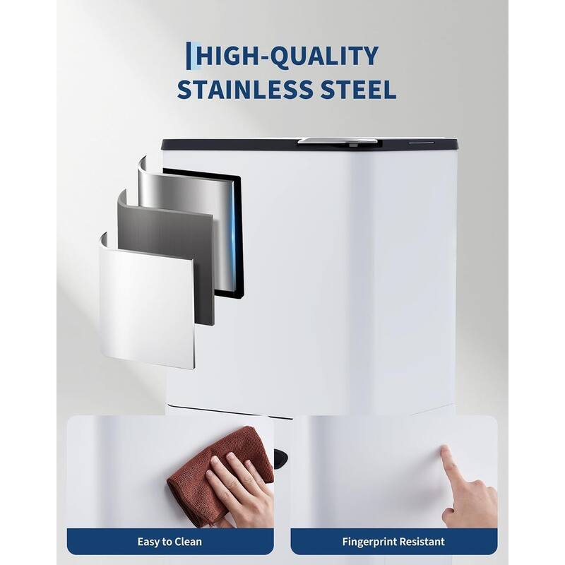 16-Gallon Dual Compartment Stainless Steel Trash and Recycle Bin with Odor Filter and Removable Buckets Silver