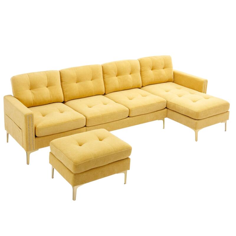 L Shaped Convertible Sectional Sofa with Ottoman, Velvet Fabric 5 Seater Sofa, Upholstered Sofa with Chaise & Storage Pockets