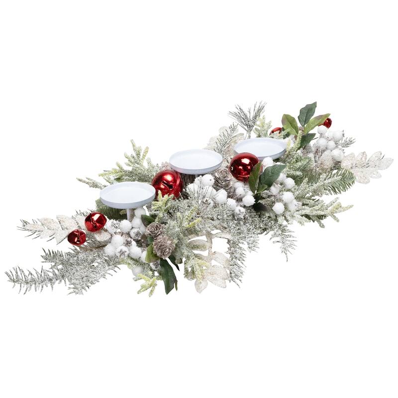 Frosted Winter Greenery and Jingle Bells Christmas Pillar Candle Holder - 28"