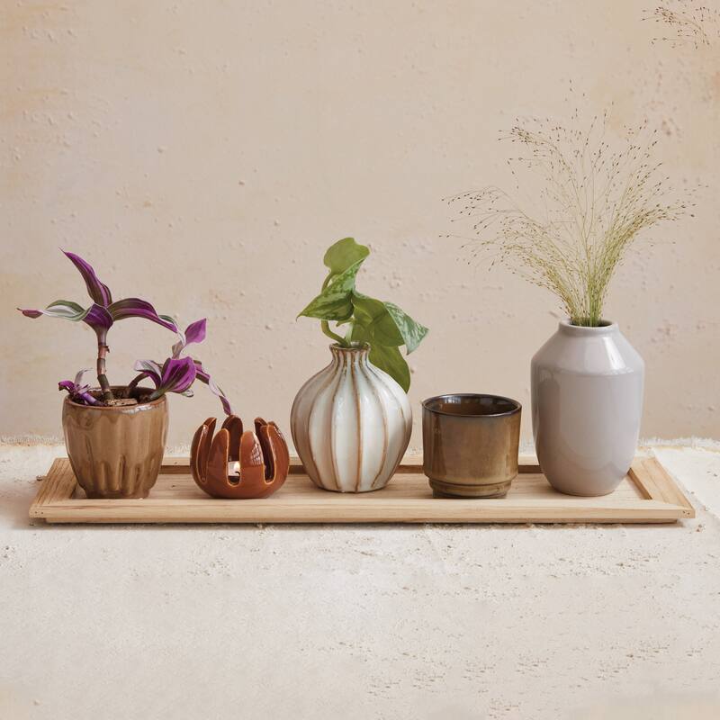 Mango Wood Tray with Candle Holders and Vases