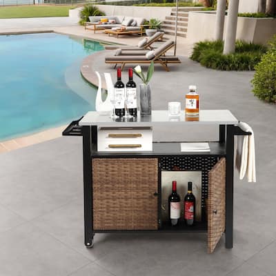 Outdoor Kitchen Wicker Island Rolling Cart & Storage Cabinet, Wheels and Stainless Steel Extended Table Top