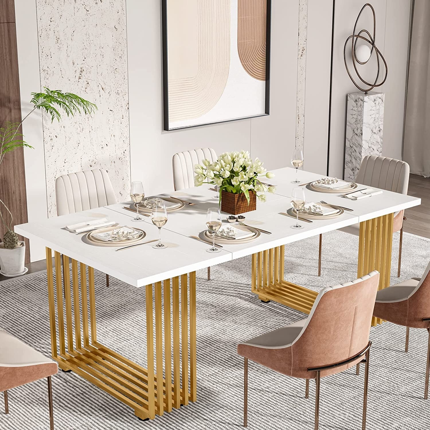Modern Dining Table for 6 8 People 70.8 Inches White Kitchen