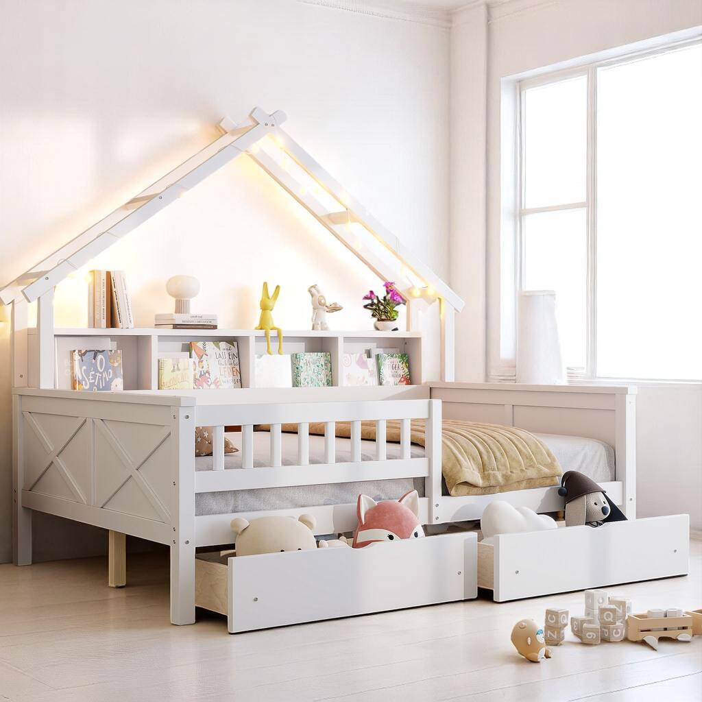 Full House Platform Bed Frame with LED, 2 Drawers, Shelves, Pine Wood & MDF Construction