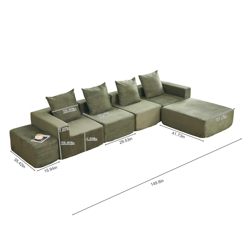 4-Seat Modular Sofa Sectional with Oversized Chaise & Ottomans Cloud Couch in Soft Corduroy Fabric