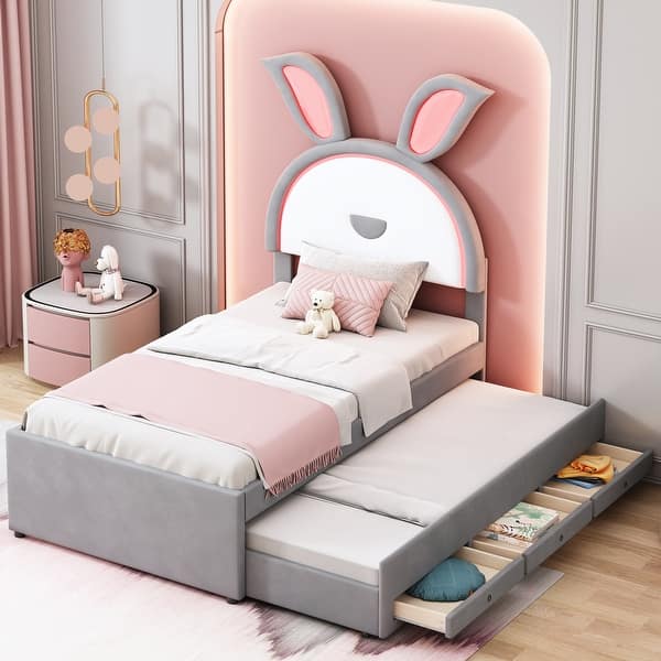 slide 2 of 28, Kids Twin Upholstered Bed with Trundle & 3 Drawers, Wooden Platform Frame with Embedded LED Lights, Rabbit-Shaped Headboard Gray