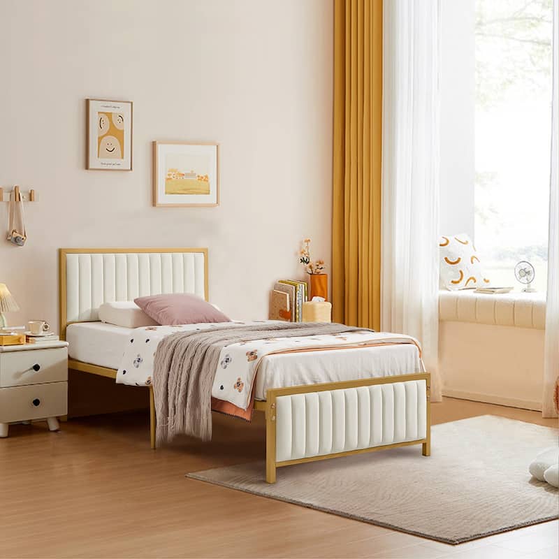 VECELO Upholstered Bed Frame with Tufted Headboard & Footboard, Heavy Duty Steel Slats Platform, No Box Spring Needed