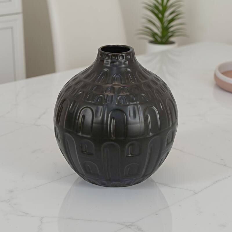 Sheena Vase, Black Ceramic, Narrow Mouth and Embossed Pattern, 10 Inch