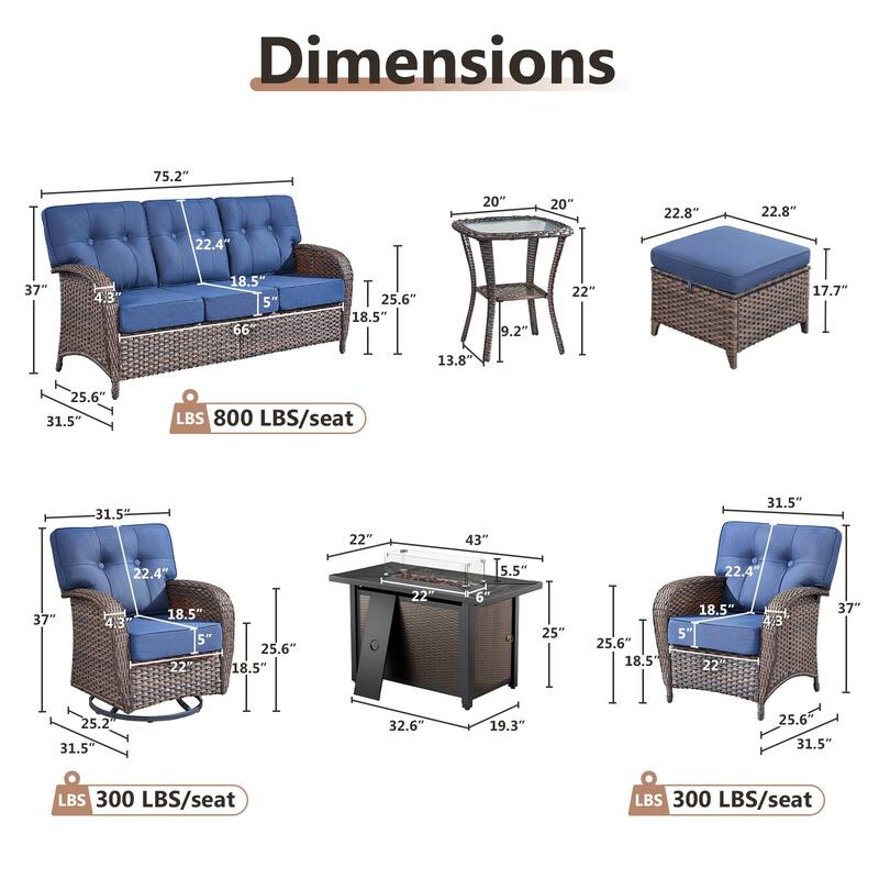 TWrap Wicker Patio Iron Fire Pit Conversation Set with 3-Seat Sofa & Swivel Gliders & Armchairs