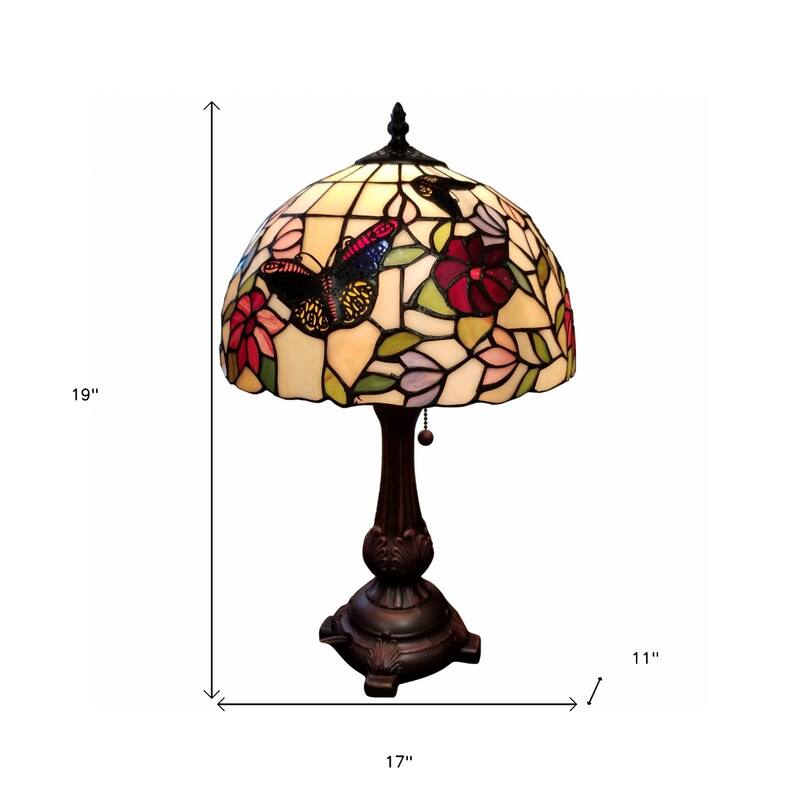 Dark Brown Metal Table Lamp with Multi Stained Glass Shade Pull Chain - 12” x 17” x 19” (D x W x H)